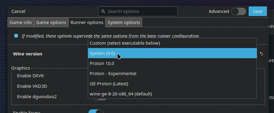 Set Runner option to System